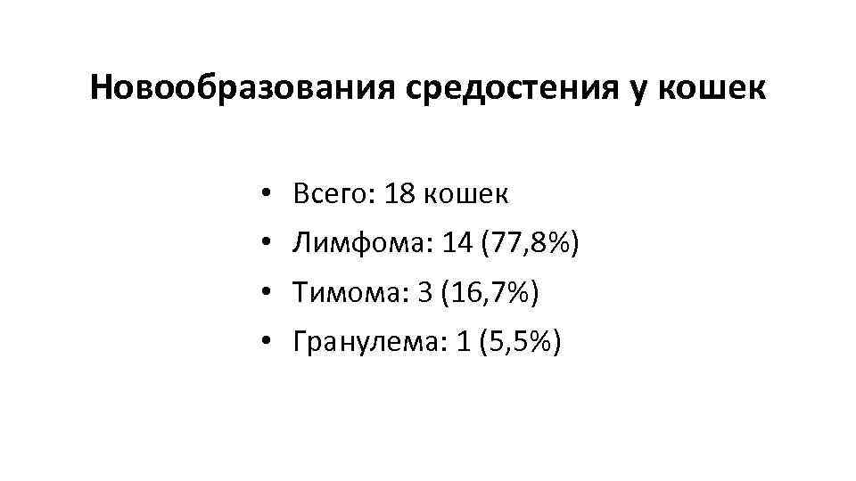 Новообразования средостения у кошек • Всего: 18 кошек • Лимфома: 14 (77, 8%) •