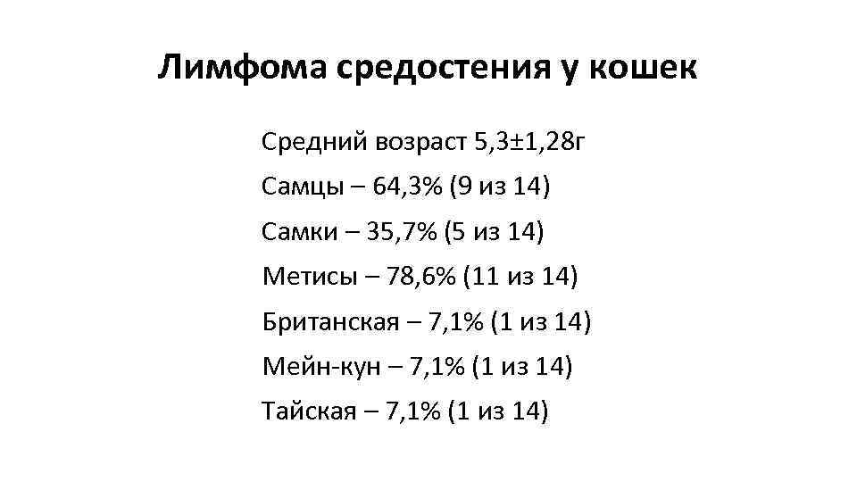 Лимфома средостения у кошек Средний возраст 5, 3± 1, 28 г Самцы – 64,