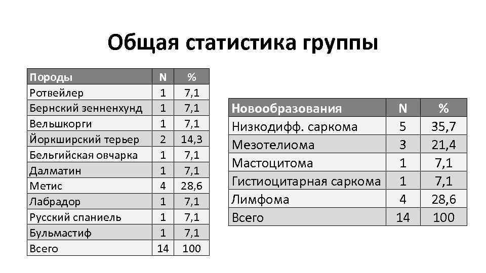 Общая статистика группы Породы Ротвейлер Бернский зенненхунд Вельшкорги Йоркширский терьер Бельгийская овчарка Далматин Метис