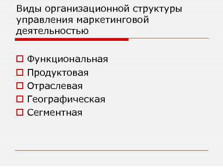 Виды организационной структуры управления маркетинговой деятельностью o o o Функциональная Продуктовая Отраслевая Географическая Сегментная