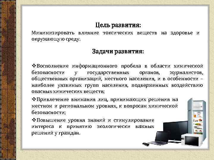 Цель развития: Минимизировать влияние токсических веществ на здоровье и окружающую среду. Задачи развития: v.
