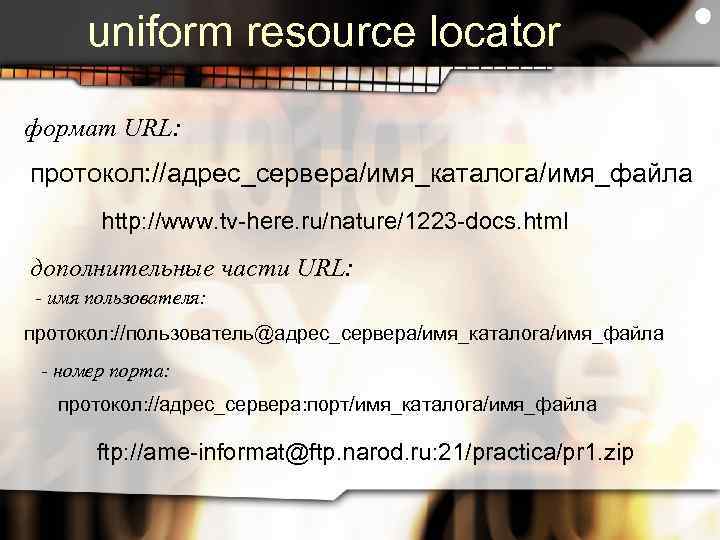 uniform resource locator формат URL: протокол: //адрес_сервера/имя_каталога/имя_файла http: //www. tv-here. ru/nature/1223 -docs. html дополнительные