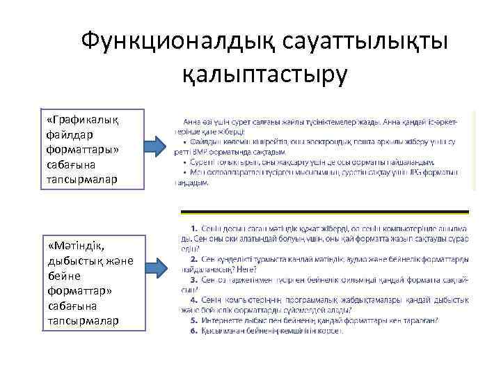 Функционалдық сауаттылықты қалыптастыру «Графикалық файлдар форматтары» сабағына тапсырмалар «Мәтіндік, дыбыстық және бейне форматтар» сабағына
