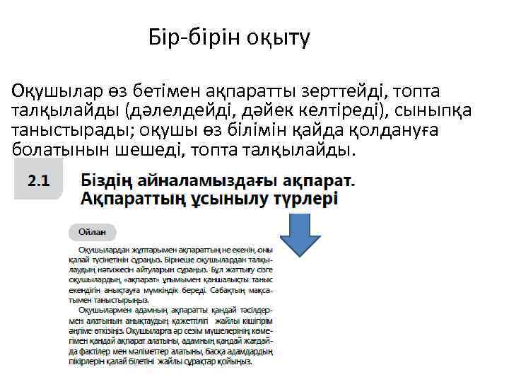 Бір-бірін оқыту Оқушылар өз бетімен ақпаратты зерттейді, топта талқылайды (дәлелдейді, дәйек келтіреді), сыныпқа таныстырады;