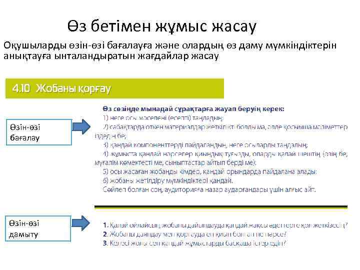 Өз бетімен жұмыс жасау Оқушыларды өзін-өзі бағалауға және олардың өз даму мүмкіндіктерін анықтауға ынталандыратын