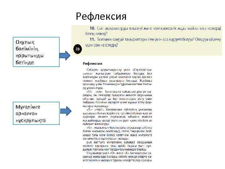 Рефлексия Оқулық бөлімінің қорытынды бетінде Мұғалімге арналған нұсқаулықта 