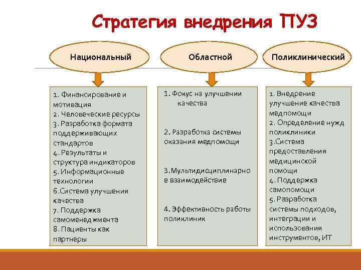 Стратегия внедрения ПУЗ Национальный 1. Финансирование и мотивация 2. Человеческие ресурсы 3. Разработка формата