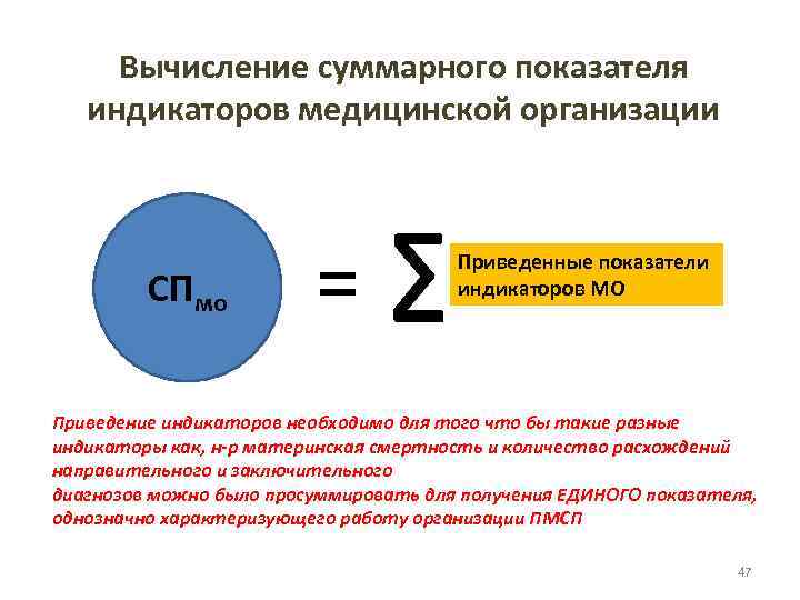 Вычисление суммарного показателя индикаторов медицинской организации СПмо = ∑ Приведенные показатели индикаторов МО Приведение