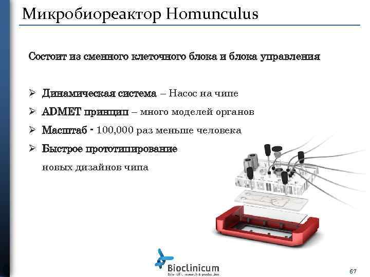 Микробиореактор Homunculus Состоит из сменного клеточного блока и блока управления Ø Динамическая система –