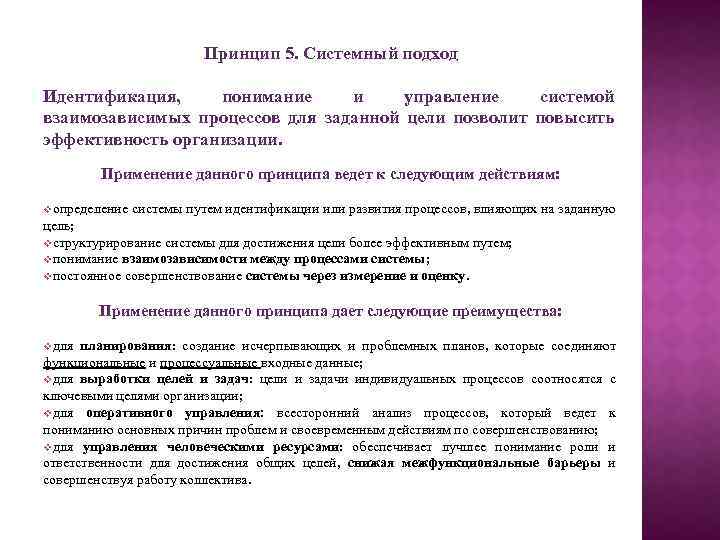 Принцип 5. Системный подход Идентификация, понимание и управление системой взаимозависимых процессов для заданной цели