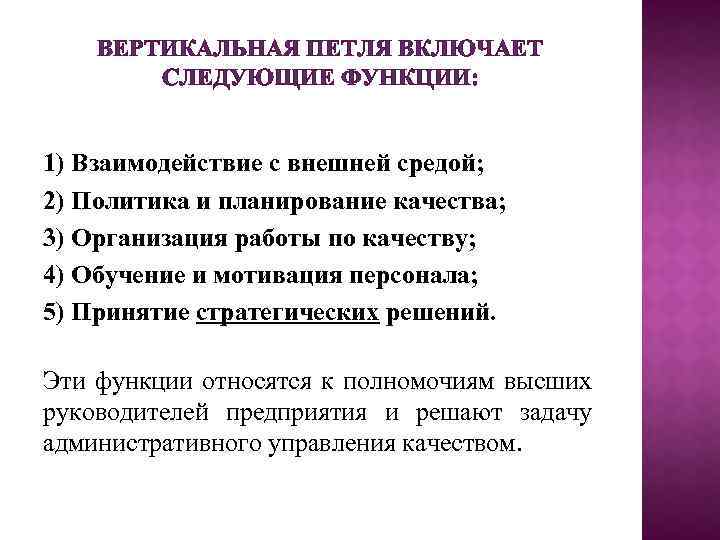 ВЕРТИКАЛЬНАЯ ПЕТЛЯ ВКЛЮЧАЕТ СЛЕДУЮЩИЕ ФУНКЦИИ: 1) Взаимодействие с внешней средой; 2) Политика и планирование