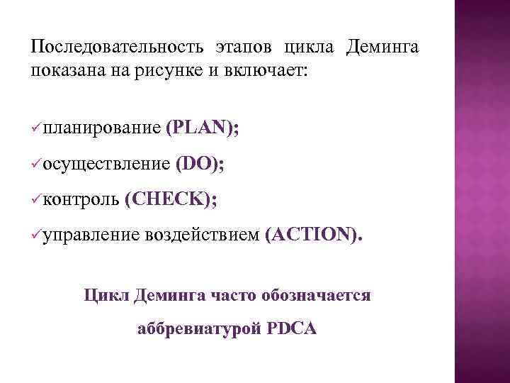Последовательность этапов цикла Деминга показана на рисунке и включает: üпланирование (PLAN); üосуществление (DO); üконтроль