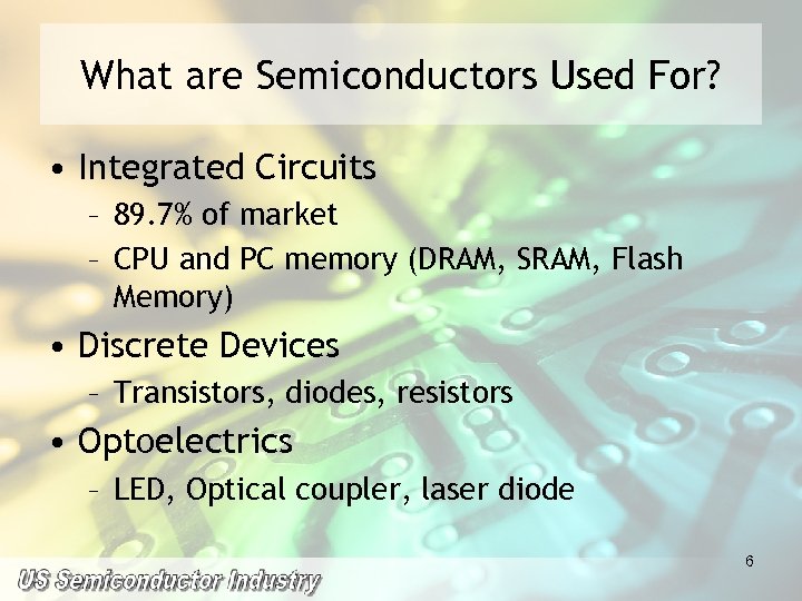 What are Semiconductors Used For? • Integrated Circuits – 89. 7% of market –