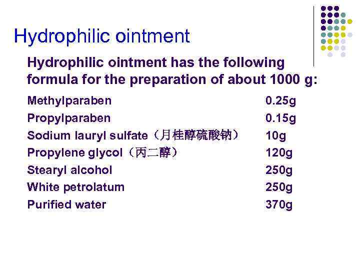 Hydrophilic ointment has the following formula for the preparation of about 1000 g: Methylparaben