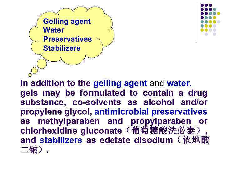 Gelling agent Water Preservatives Stabilizers In addition to the gelling agent and water, gels