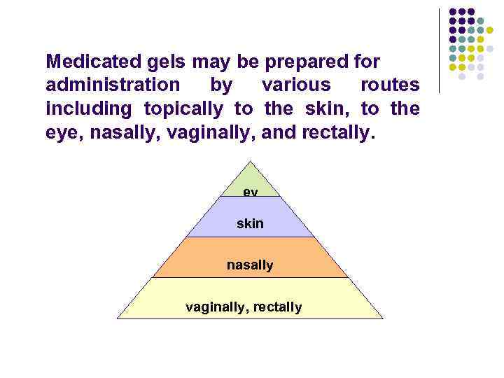 Medicated gels may be prepared for administration by various routes including topically to the