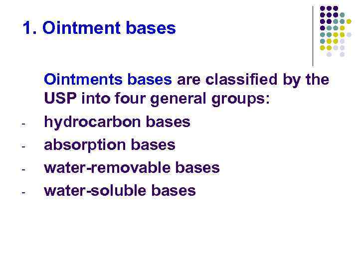 1. Ointment bases - Ointments bases are classified by the USP into four general