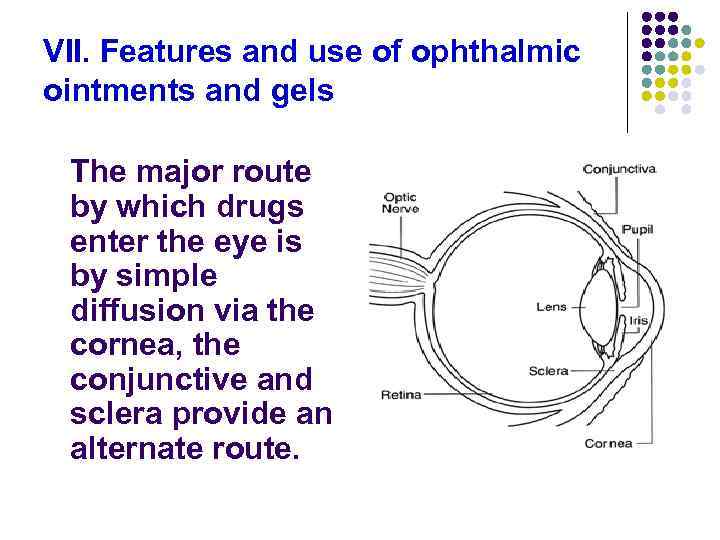 VII. Features and use of ophthalmic ointments and gels The major route by which