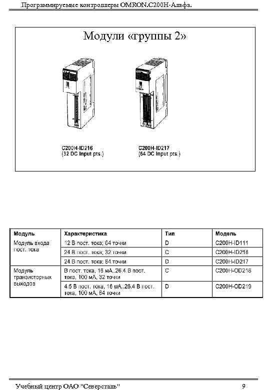 Программируемые контроллеры OMRON. С 200 Н-Альфа. Модули «группы 2» Учебный центр ОАО 