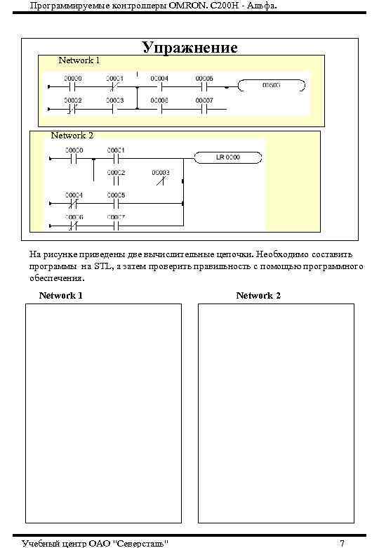 Программируемые контроллеры OMRON. С 200 Н - Альфа. Network 1 Упражнение Network 2 На