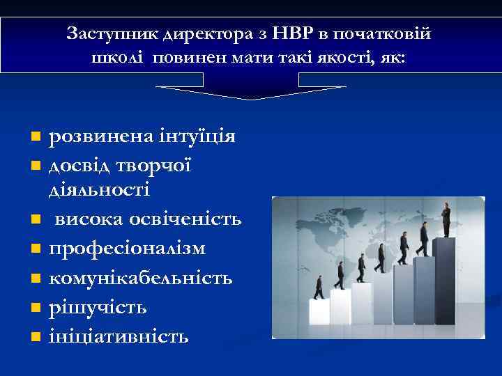Заступник директора з НВР в початковій школі повинен мати такі якості, як: n n