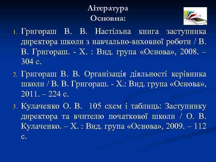 Література Основна: 1. 2. 3. Григораш В. Настільна книга заступника директора школи з навчально-виховної