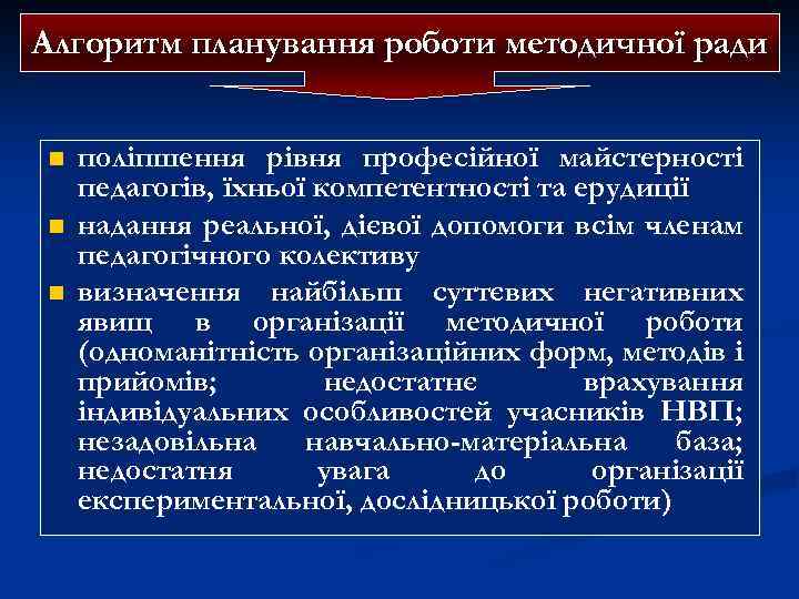 Алгоритм планування роботи методичної ради n n n поліпшення рівня професійної майстерності педагогів, їхньої