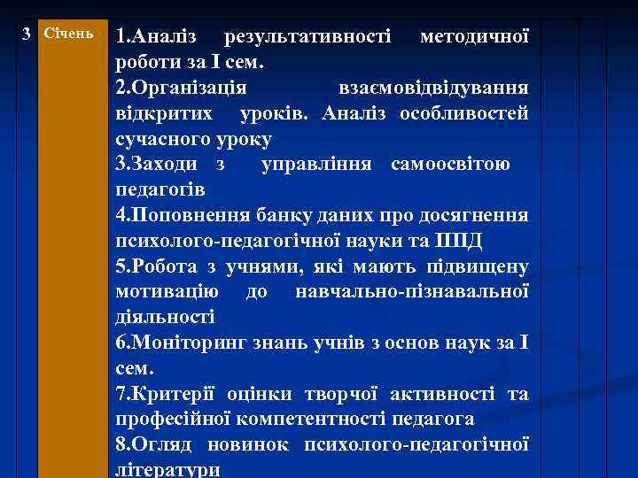 3 Січень 1. Аналіз результативності методичної роботи за І сем. 2. Організація взаємовідвідування відкритих