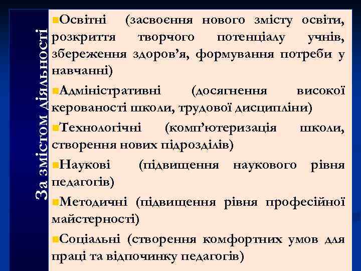 (засвоєння нового змісту освіти, розкриття творчого потенціалу учнів, збереження здоров’я, формування потреби у навчанні)