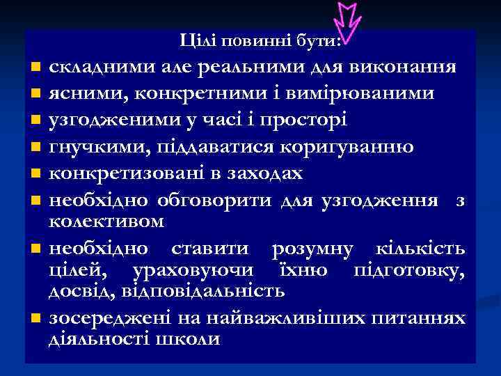 Цілі повинні бути: n n n n складними але реальними для виконання ясними, конкретними