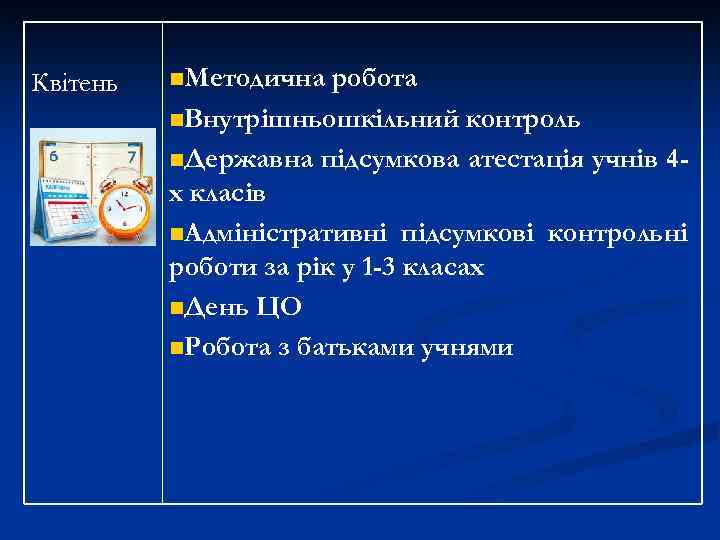 Квітень n. Методична робота n. Внутрішньошкільний контроль n. Державна підсумкова атестація учнів 4 х