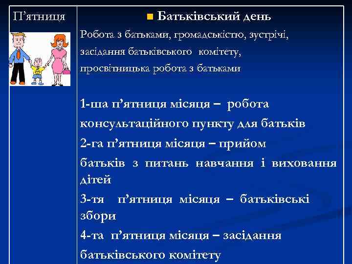 П’ятниця n Батьківський день Робота з батьками, громадськістю, зустрічі, засідання батьківського комітету, просвітницька робота