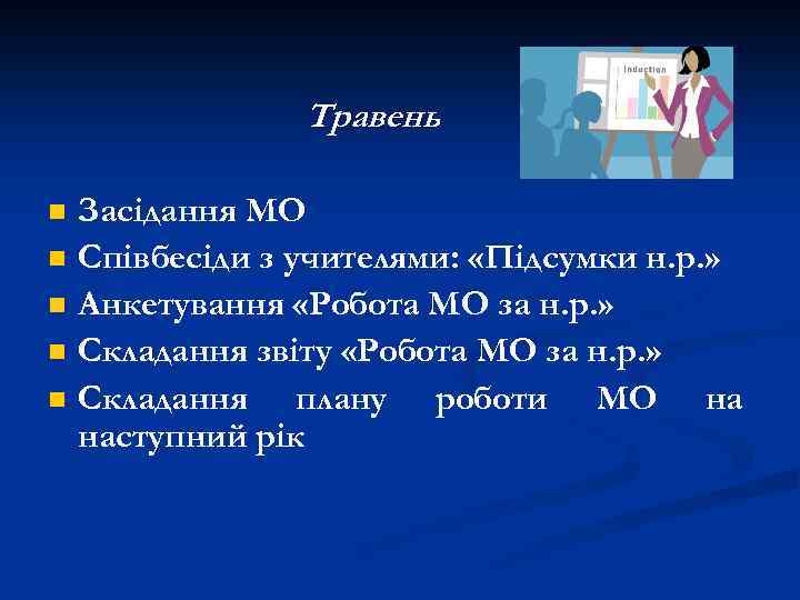 Травень n n n Засідання МО Співбесіди з учителями: «Підсумки н. р. » Анкетування
