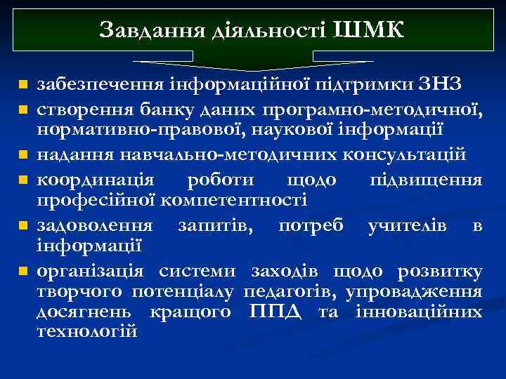 Завдання діяльності ШМК n n n забезпечення інформаційної підтримки ЗНЗ створення банку даних програмно-методичної,