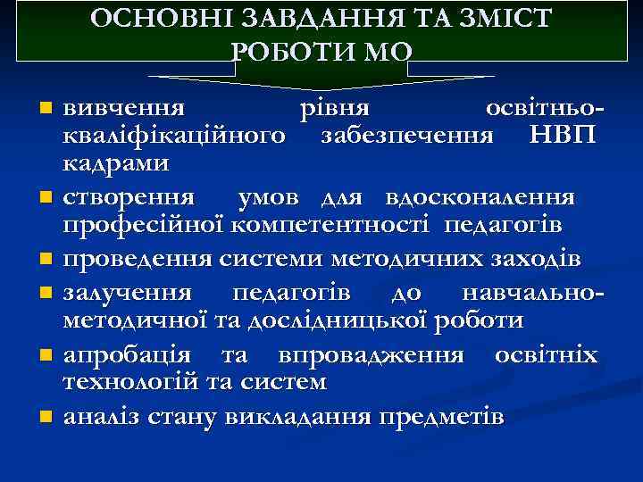 ОСНОВНІ ЗАВДАННЯ ТА ЗМІСТ РОБОТИ МО вивчення рівня освітньокваліфікаційного забезпечення НВП кадрами n створення