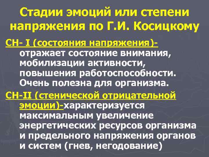 Стадии эмоций или степени напряжения по Г. И. Косицкому СН- I (состояния напряжения)отражает состояние