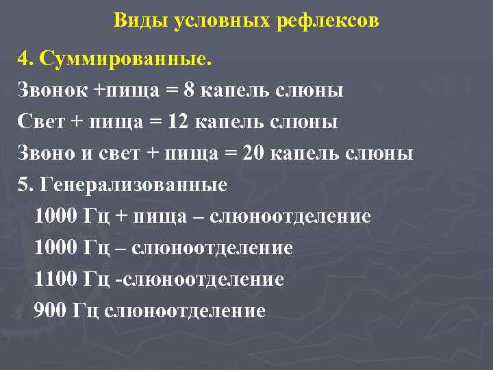 Виды условных рефлексов 4. Суммированные. Звонок +пища = 8 капель слюны Свет + пища