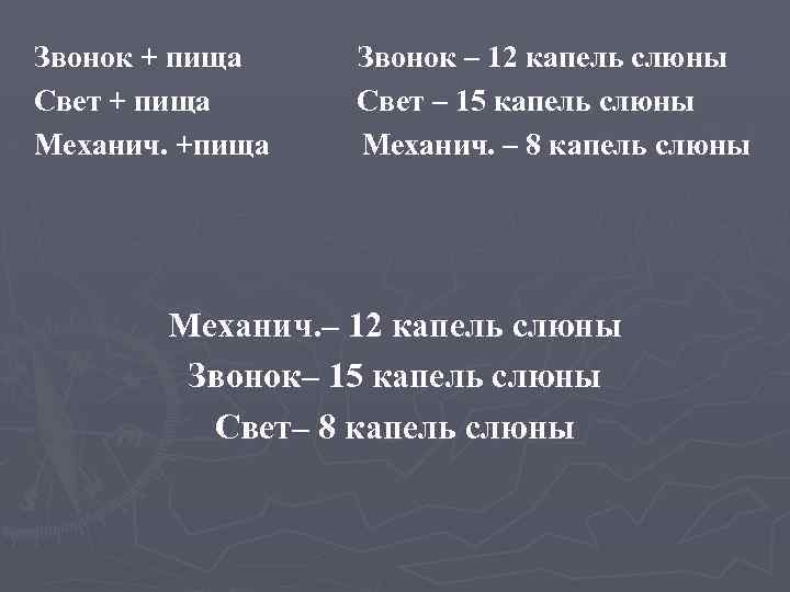 Звонок + пища Свет + пища Механич. +пища Звонок – 12 капель слюны Свет