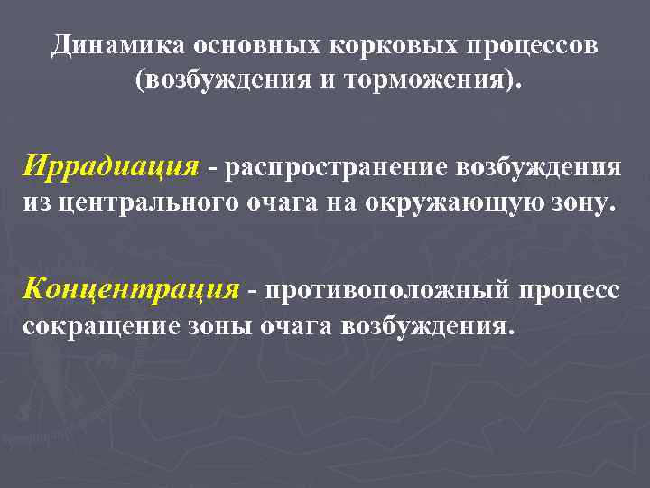 Динамика основных корковых процессов (возбуждения и торможения). Иррадиация - распространение возбуждения из центрального очага