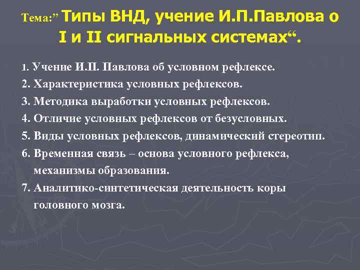 Тема: ” Типы ВНД, учение И. П. Павлова о I и II сигнальных системах“.