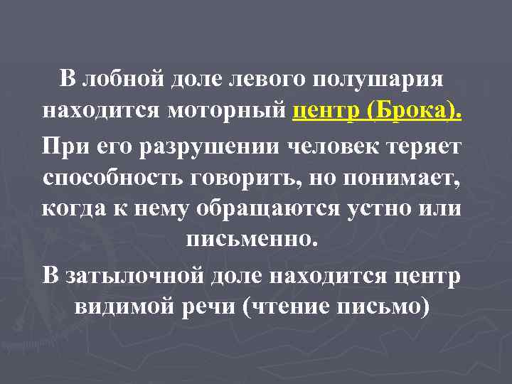 В лобной доле левого полушария находится моторный центр (Брока). При его разрушении человек теряет