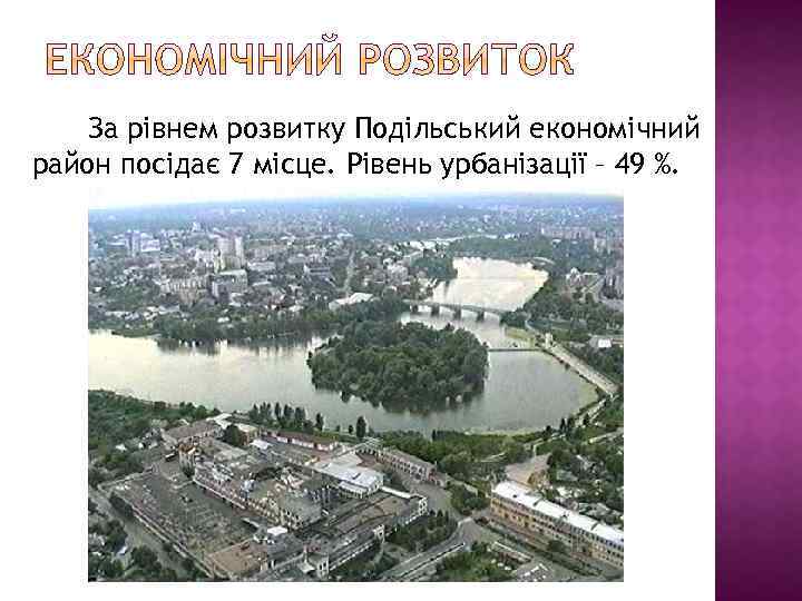 За рівнем розвитку Подільський економічний район посідає 7 місце. Рівень урбанізації – 49 %.