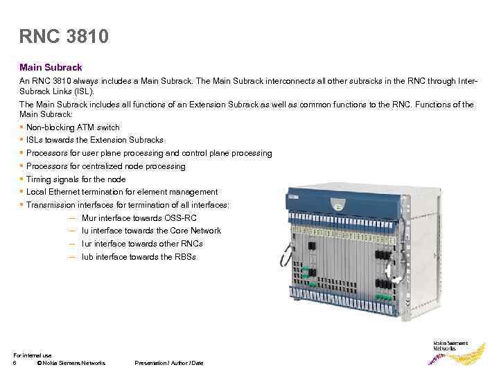 RNC 3810 Main Subrack An RNC 3810 always includes a Main Subrack. The Main