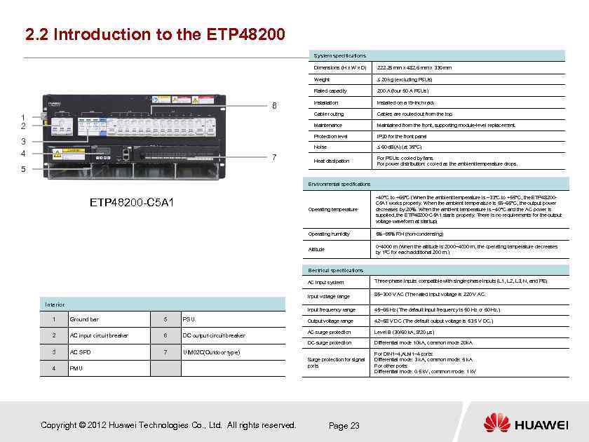 2. 2 Introduction to the ETP 48200 System specifications Dimensions (H x W x