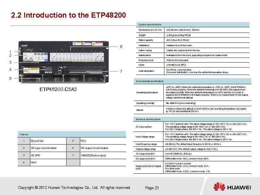 2. 2 Introduction to the ETP 48200 System specifications Dimensions (H x W x