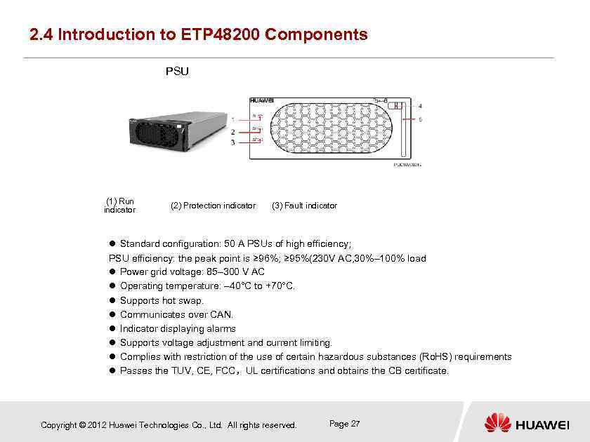 2. 4 Introduction to ETP 48200 Components PSU (1) Run indicator (2) Protection indicator