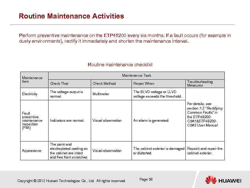 Routine Maintenance Activities Perform preventive maintenance on the ETP 48200 every six months. If