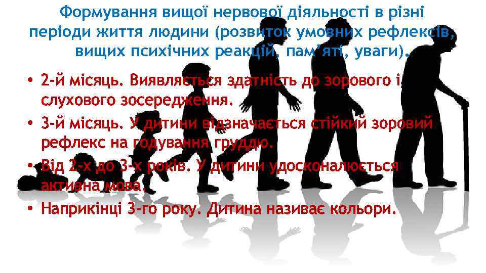 Формування вищої нервової діяльності в різні періоди життя людини (розвиток умовних рефлексів, вищих психічних