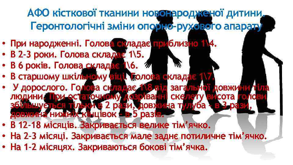 АФО кісткової тканини новонародженої дитини. Геронтологічні зміни опорно-рухового апарату При народженні. Голова складає приблизно