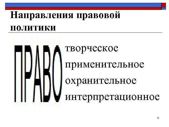 Направления правовой политики творческое применительное охранительное интерпретационное 6 